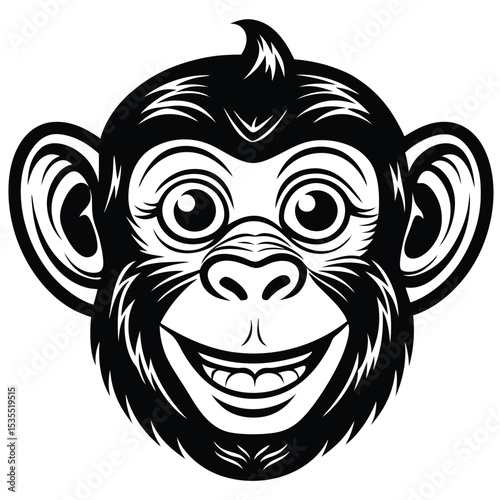 Playful smiling monkey face in bold black and white illustration for graphic design