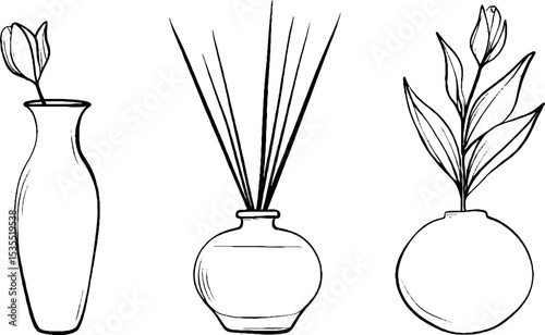 Elegant line art collection featuring tall vases and botanical elements for design