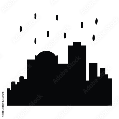 Black silhouette of a cityscape skyline with stylized rain falling. Creates an urban monsoon atmosphere, ideal for moody city-themed designs. Vector.