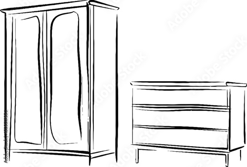 Minimalist line art of tall wardrobe and cabinet for interior design