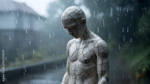 Mending Rain: Porcelain Figure's Quiet Solitude