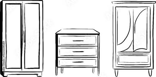 Minimalist line art illustration set of tall wardrobe and storage furniture for interior design
