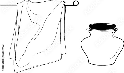 Minimalist line art illustration of tea towel and vase for home decor and design