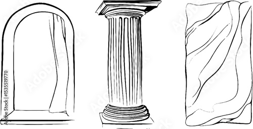 Elegant line art set featuring temple niche column and draped fabric design
