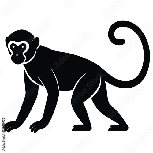 Silhouette illustration of a monkey animal with curled tail standing in a side view pose