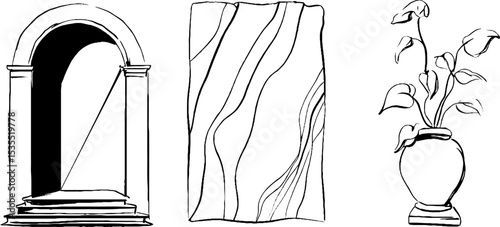 Minimalist line art set of temple niche, abstract lines, and potted plant with elegant simplicity