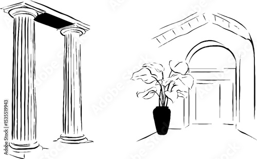 Classical architecture sketch with thick column and archway design elements
