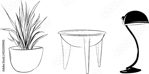Minimalist line art set featuring three-legged table, plant, and modern lamp for interior design