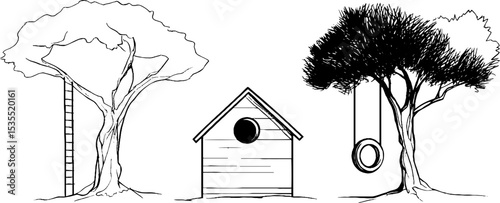 Treehouse and playground elements in whimsical line art for creative designs