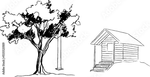 Line art treehouse and ladder illustration set for creative design projects