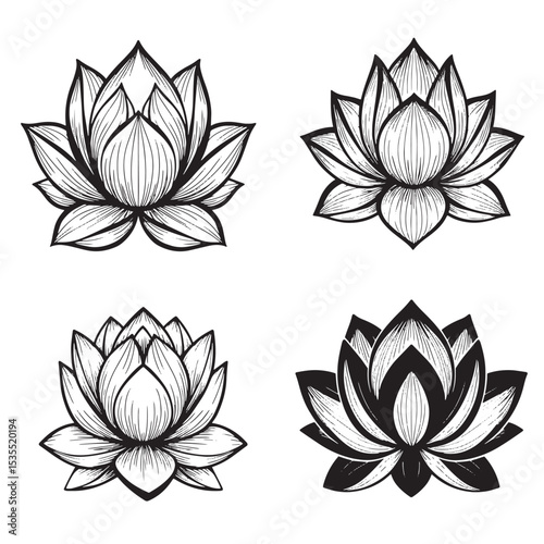 Elegant hand drawn lotus flowers in various styles isolated on white background
