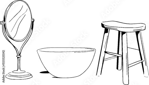 Minimalist line art set featuring vanity mirror, bowl, and stool for home decor