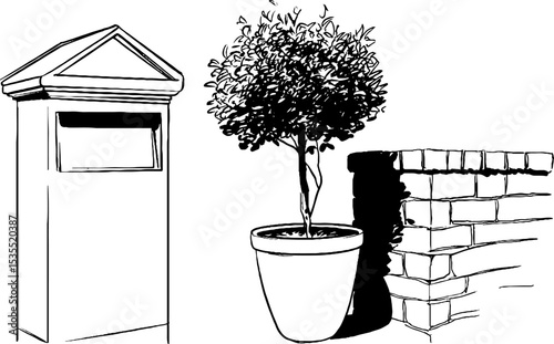 Vintage mailbox and potted plant line art for retro design projects