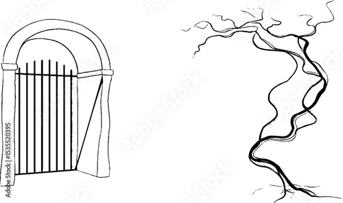 Vintage iron gate and branch line art illustration for architectural design
