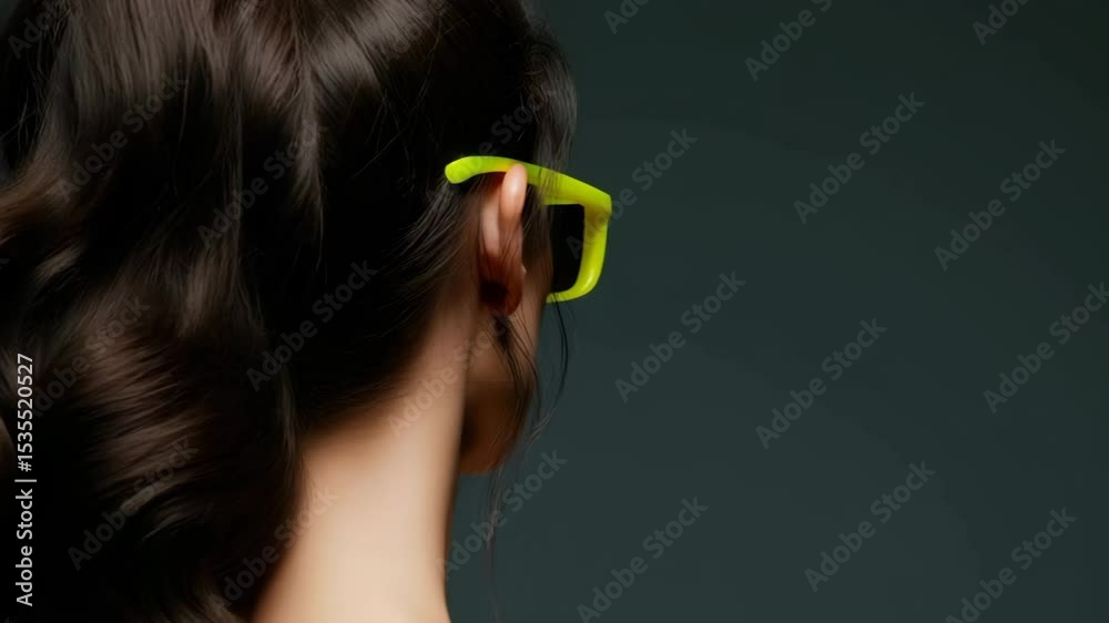 Stylish woman with neon sunglasses displaying trendy hair in sequential rotation