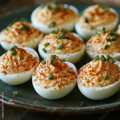 Deviled eggs topped with spicy chili sauce.