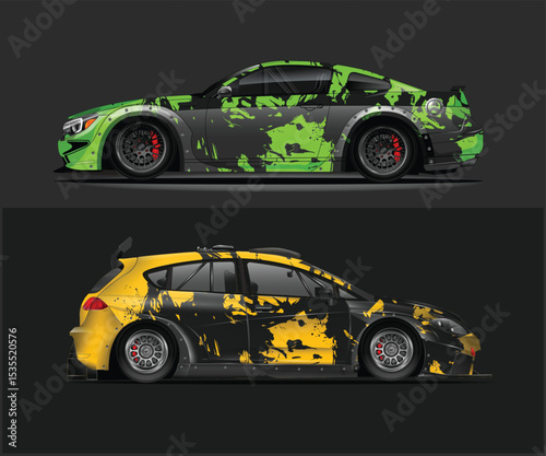 Two Sport Cars with Abstract Paint Splatter Designs