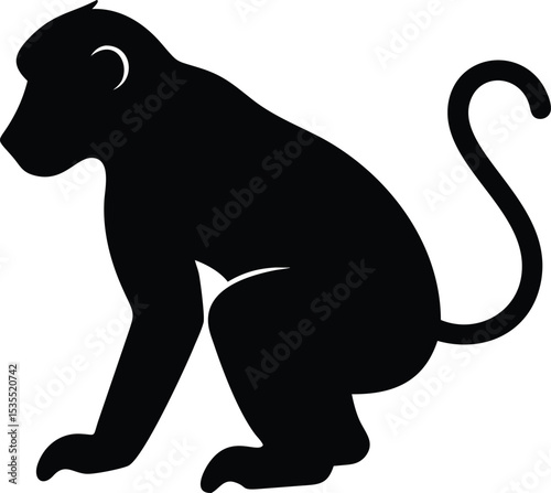 Silhouetted depiction of a sitting monkey in black color against a white background for design