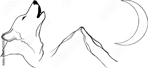Minimalist line art of wolf howling at crescent moon with majestic mountain scene