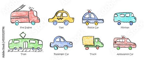Colorful vector set of crayon-drawn vehicles including police, passenger car, ambulance, truck, convertible, and school bus. Wax pastel squiggles with charcoal texture for kindergarten education style