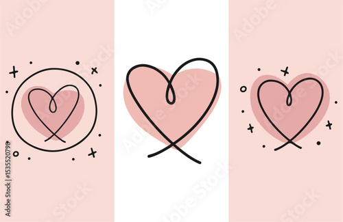 pink hearts boho line drawing