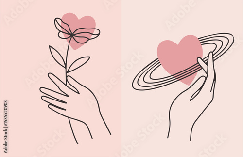 love and support set, line art hand and heart, 