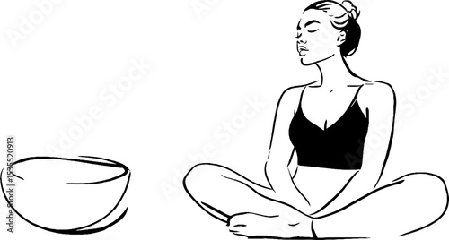 Tranquil yoga pose line art with meditative bowl for relaxation themes