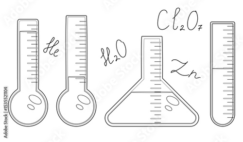 Coloring page with outline drawing of set chemistry flasks with liquids and chemical formulas. For entertaining kids, back to school or education black and white printable design, DIY craft activity.