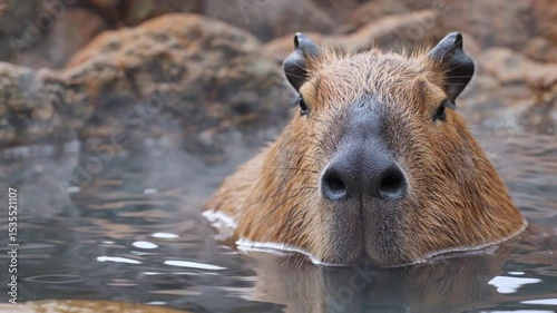 Capybara in Hot Spring: A close-up view of a capybara enjoying a relaxing soak in a hot spring, its large, expressive eyes and distinctive nose capturing the essence of tranquility.