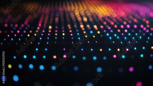 Abstract colorful light dots flowing in lines on a dark background visually