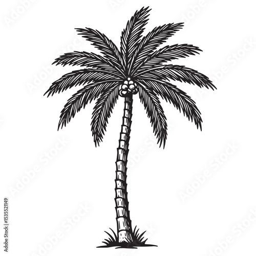 Hand drawn illustration of a tall tropical palm tree with detailed fronds and stem
