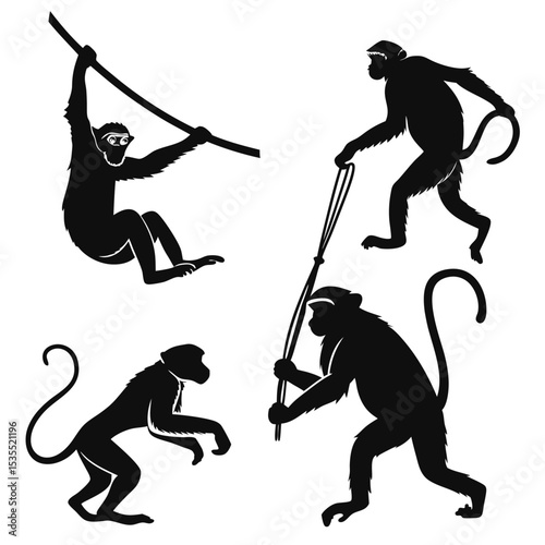 Silhouetted monkeys in various poses swinging climbing walking and carrying sticks in black and white