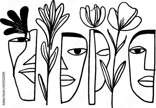 Abstract morphing line art of flowers and faces in a unique column design