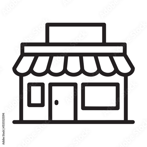 Minimalist vector illustration of a shopfront with awning, signboard, door and window