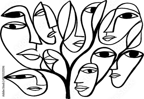 Surreal line art of blossoming tree intertwined with artistic faces