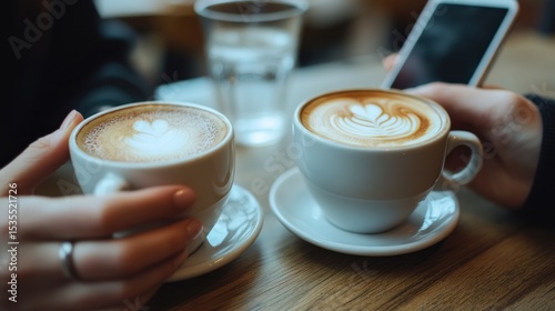 Couple enjoys cappuccino with heart latte art and phone at coffee shop table