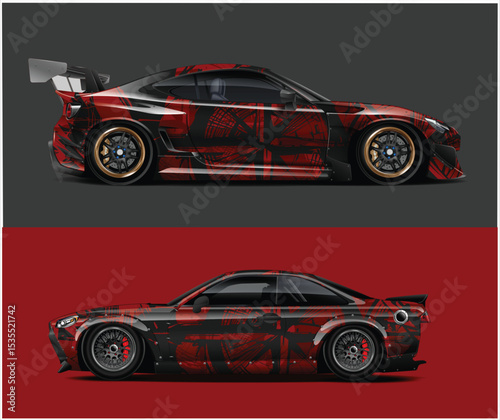 Custom Red and Black Sports Car Designs with Abstract Graphics