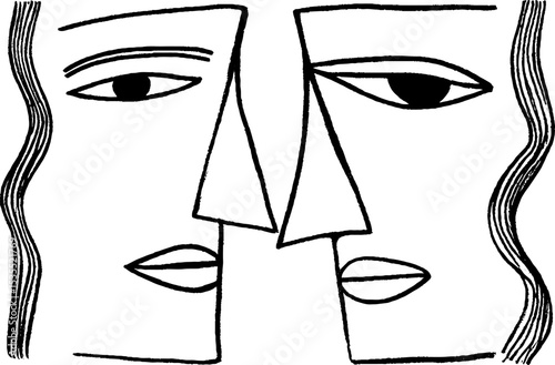 Abstract line art of faces with curved border frame design