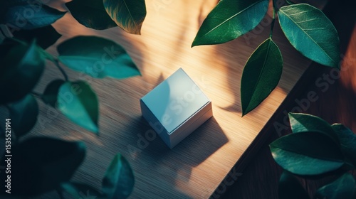 Minimalist cube presentation on wood, framed by vibrant green leaves arrangement