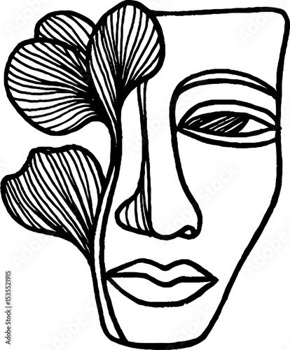 Abstract line art face with floral elements for unique design concepts