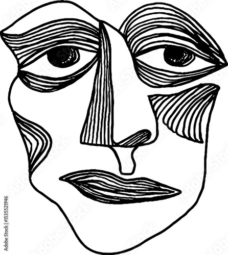 Intricate geometric line art face with spiral patterns