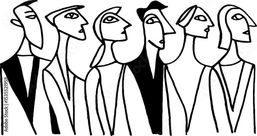 Fashion runway scene in minimalist line art style, long horizon concept