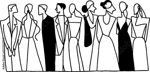 Fashion runway scene line art with stylish figures for design and decor