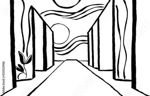Minimalist fashion runway line art with abstract horizon design