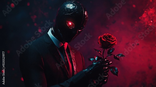 Cybernetic gentleman offering a red rose against a backdrop of cosmic allure