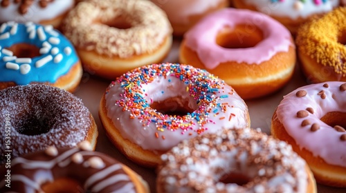 Delicious Assortment of Glazed and Sprinkled Doughnuts in Mouthwatering Close-Up