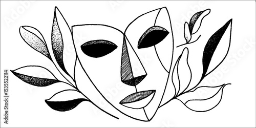 Abstract line art of fragmented mask face with botanical elements for modern design