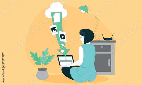 Young woman working from home using laptop computer and downloading from internet sitting on floor