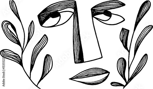 Abstract fragmented mask with botanical accents in line art design