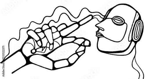 Mechanical arms and circuits line art banner design for technology themes